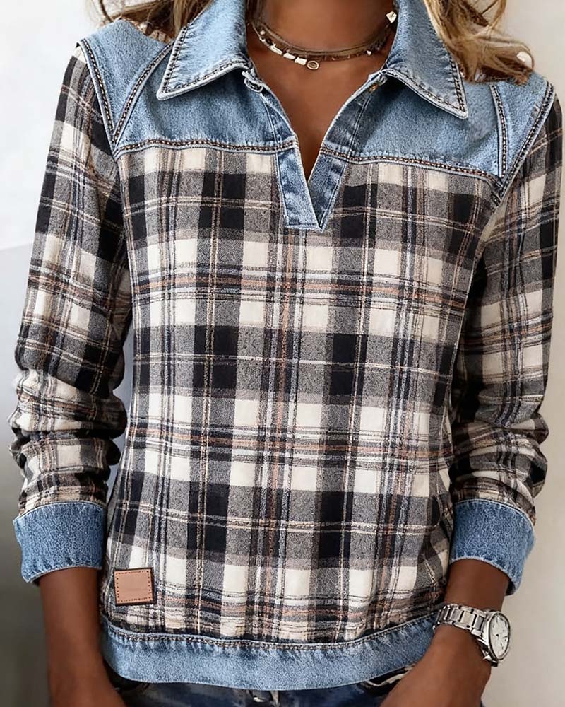 Elvie™ - Denim Patchwork Plaid Top