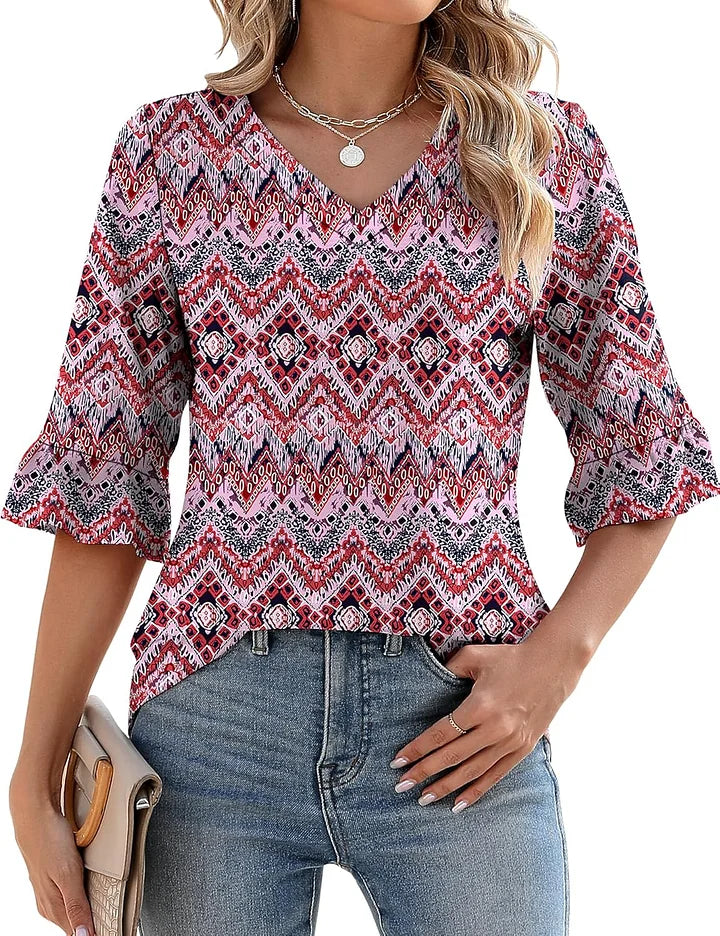 Talia™ – Textured Blouse with V-Neck and Ruffle Sleeves
