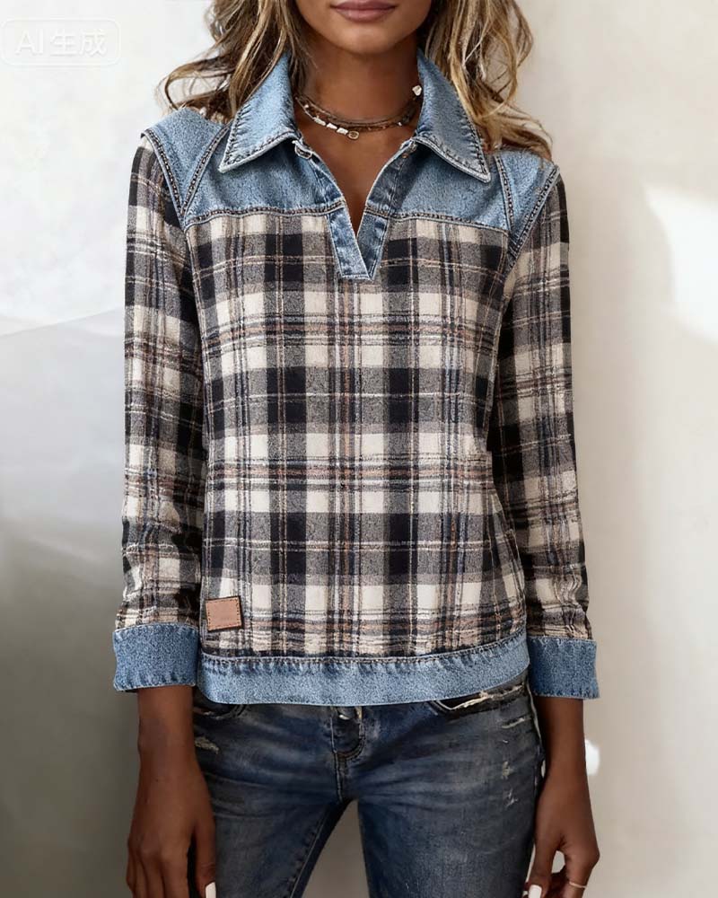Elvie™ - Denim Patchwork Plaid Top
