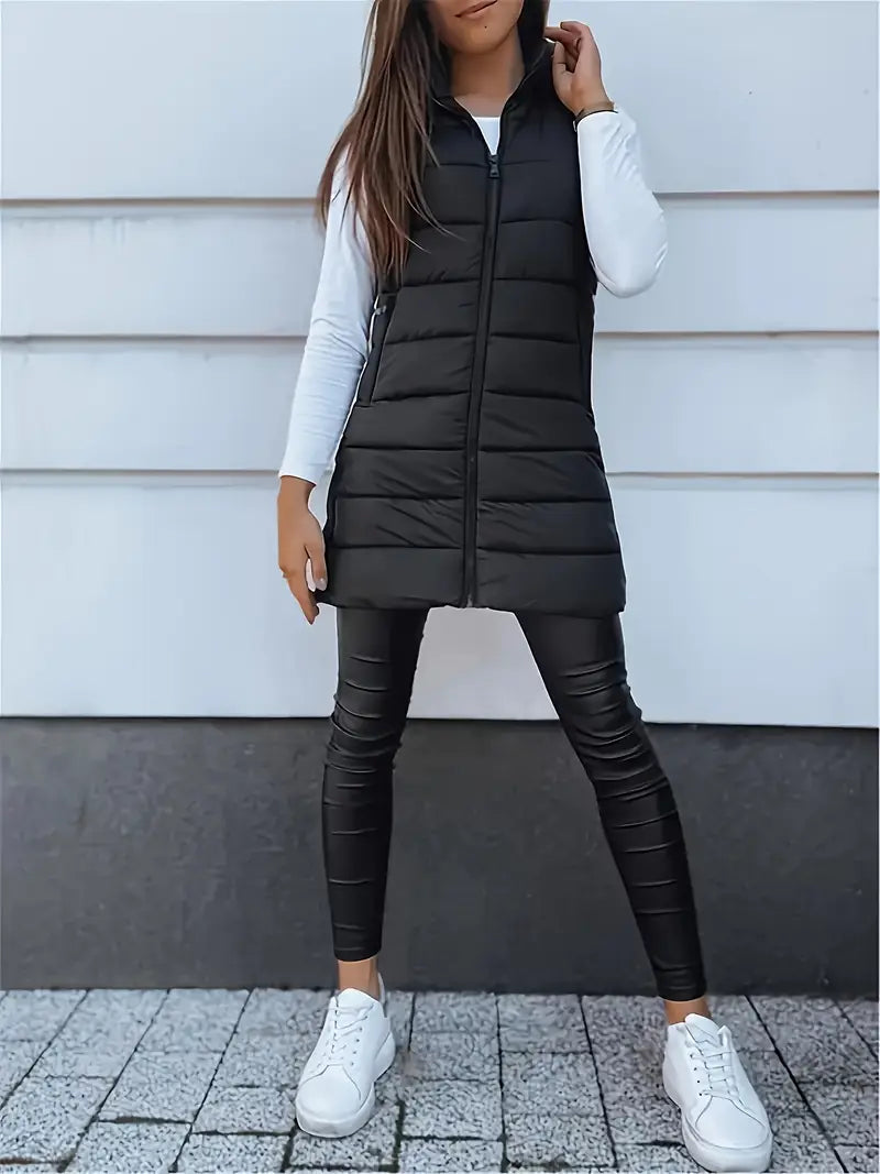 Sheila™ – Sleeveless Hooded Long Puffer Vest