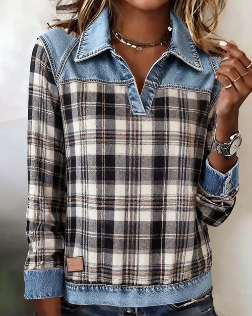 Elvie™ - Denim Patchwork Plaid Top