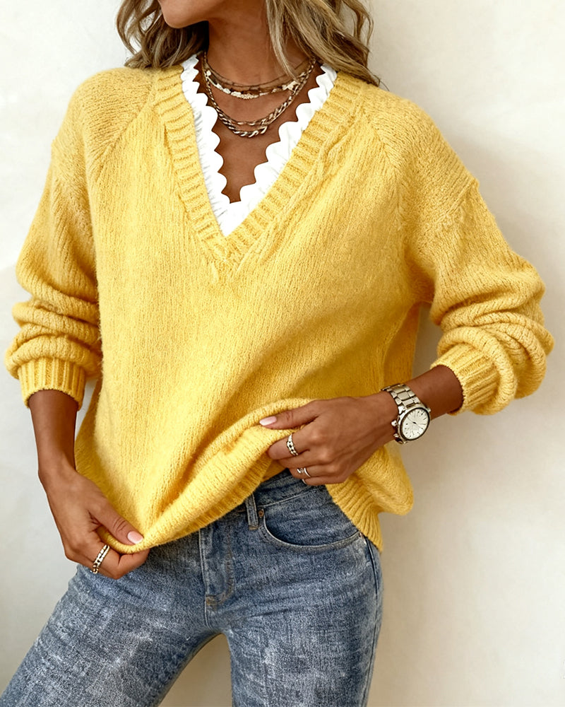 Rizza™ - Elegant V-Neck Ruffle Sweater