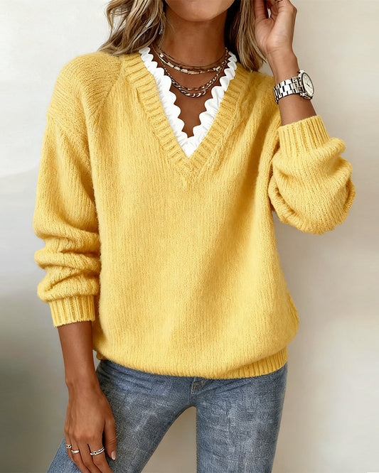 Rizza™ - Elegant V-Neck Ruffle Sweater