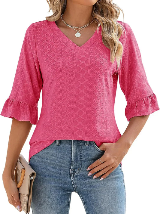 Talia™ – Textured Blouse with V-Neck and Ruffle Sleeves