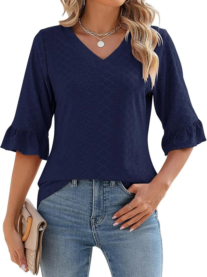 Talia™ – Textured Blouse with V-Neck and Ruffle Sleeves